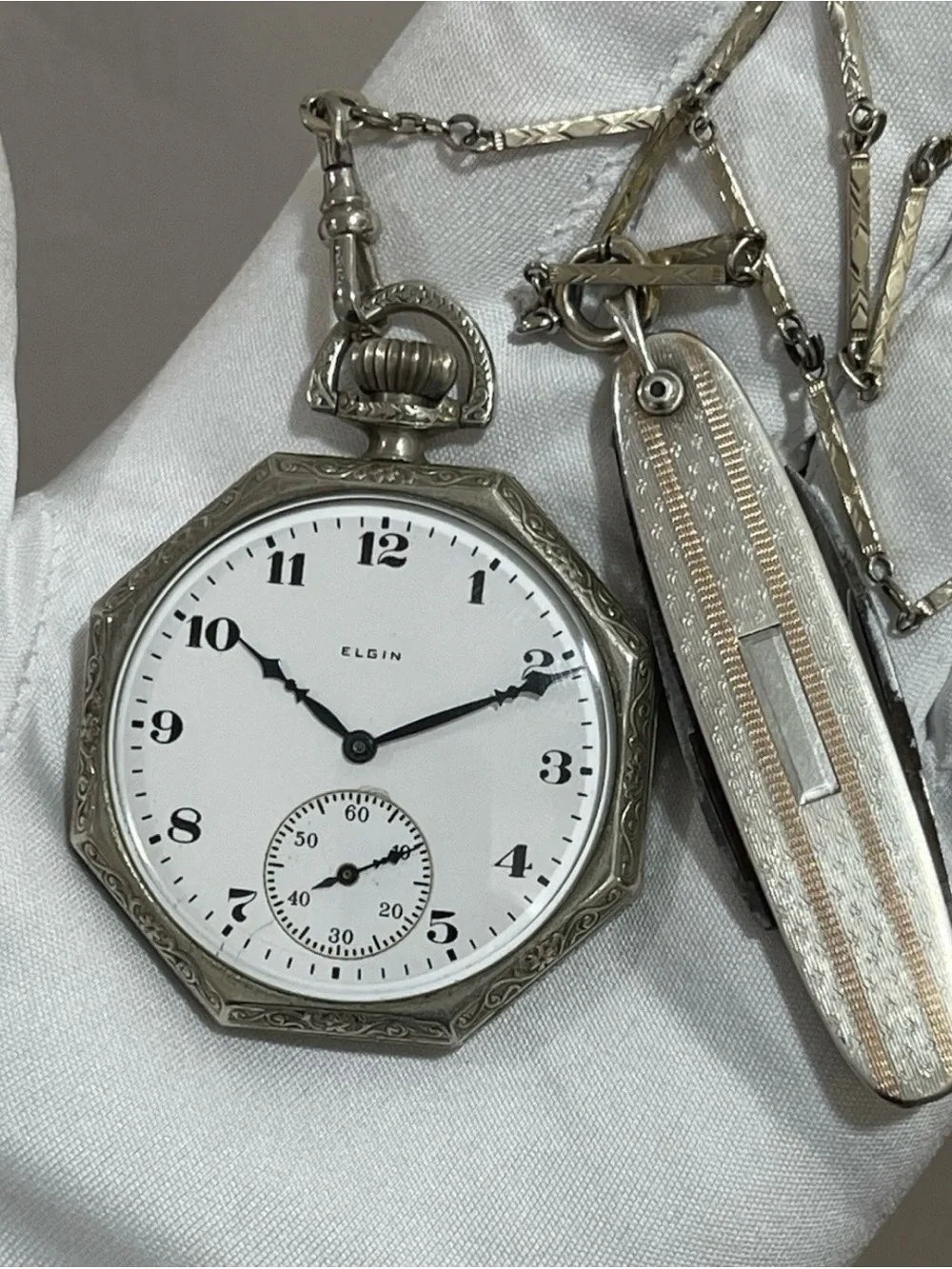1924 Elgin Art Deco Pocket Watch 17J 12s Octagon RUNS Illinois Spartan Knife Set
